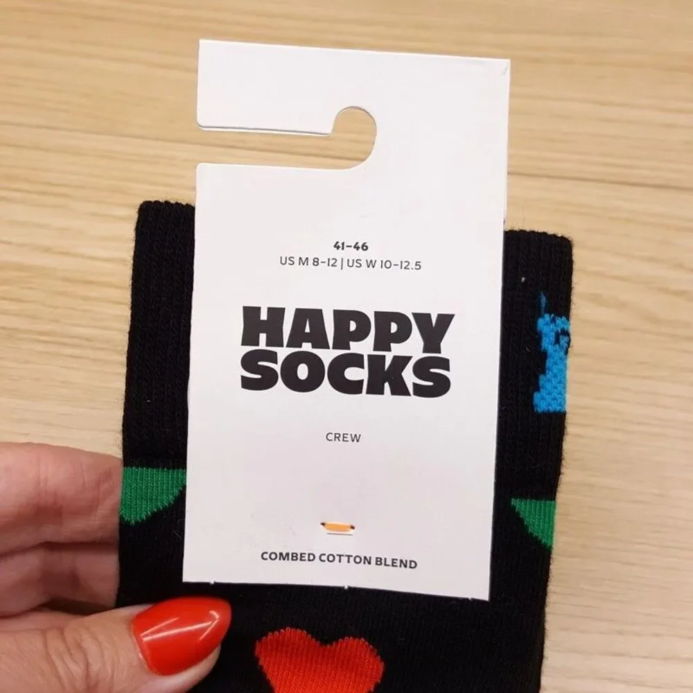 HAPPY SOCKS Crew Socks Black Heart Combed Cotton Unisex M 8-12 W 10-12.5